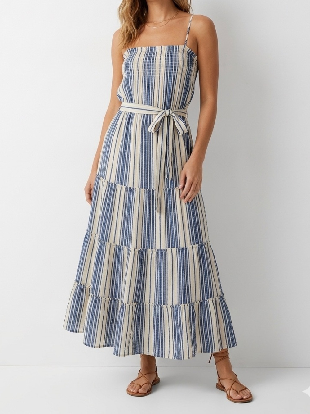 Strapless Elan Blue and Cream Striped Maxi Dress